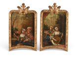 paire de peintures à l'huile françaises du XVIIIe siècle représentant des enfants jouant d'un instrument