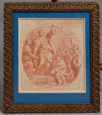 a framed drawing of a group of people in a wooded setting