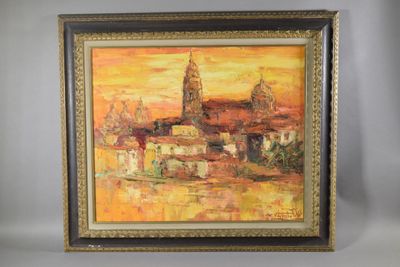 une peinture à l'huile représentant une vue de ville avec une église en arrière-plan
