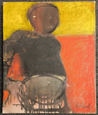 une peinture à l'huile représentant une femme assise sur une chaise devant un fond rouge et jaune
