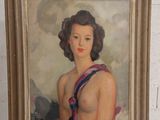 tableau représentant une femme en robe violette posée sur un chevalet