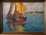 a painting of a sailboat in the water