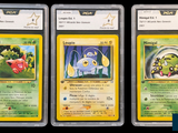 three pokemon cards are shown in a row on a black background