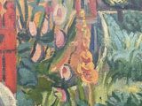 a painting of a man sitting on a bench in a garden