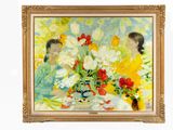 a painting of two women sitting at a table with flowers in a vase