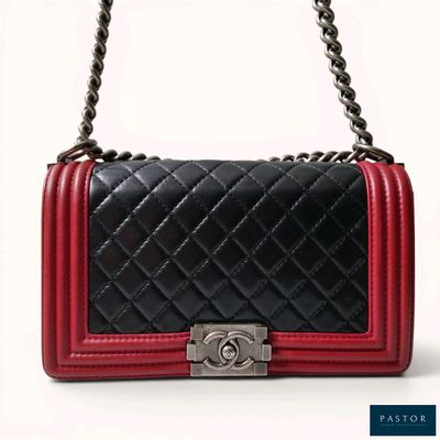 chanel black and red leather handbag with silver hardware