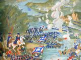 un tableau représentant une bataille avec un grand groupe d'hommes
