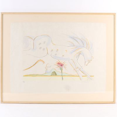 tableau représentant un cheval au galop avec une fleur dans la bouche