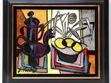 an image of a painting of a pot and a bowl of fruit on a table