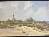 une photo d'un tableau représentant un phare sur la plage