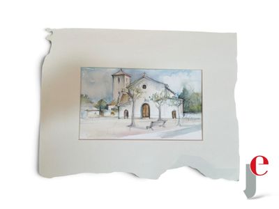 une photo d'un tableau représentant une église, sur une feuille de papier