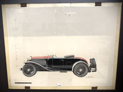 une vieille photo d'une voiture noire et rouge dans un cadre noir