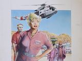 painting of a woman in a pink uniform standing in front of a helicopter