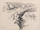 an image of a drawing of a village with a fence in the foreground