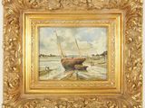 an image of a painting of a boat on the beach