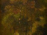 an oil painting of a forest scene with trees and birds