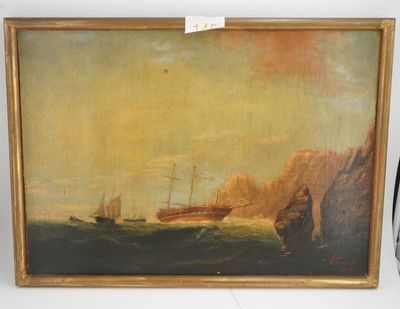 an oil painting of a ship in the water near a cliff