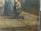 an old painting of a woman kneeling on the ground next to a man kneeling down