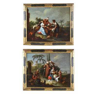 deux tableaux représentant un homme et une femme dans un paysage, dont l'un tient un bébé dans ses bras