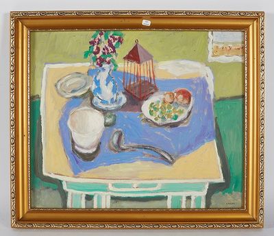 un tableau représentant une table sur laquelle se trouve un bol de nourriture