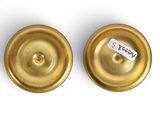 pair of antique brass door knobs with labels on them