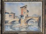 an oil painting of a bridge over a river with a clock tower in the background