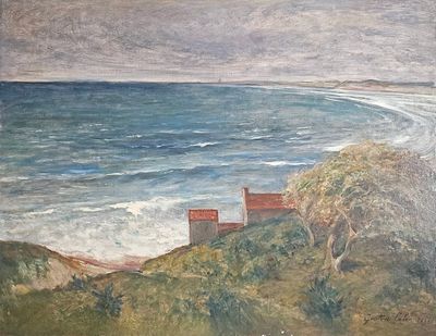 un tableau représentant une maison située sur une colline surplombant l'océan