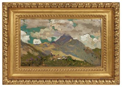 a painting of a mountain scene with clouds in the sky