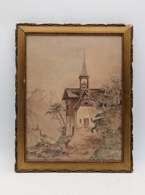 une vieille peinture représentant une église avec un clocher et un autre clocher sur le côté