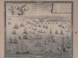 un vieux dessin représentant un port avec des bateaux et un oiseau qui vole au-dessus
