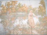 painting of a woman walking by a river with a basket in her hand