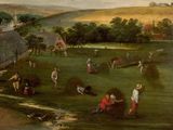 painting of a painting of people in a field with animals