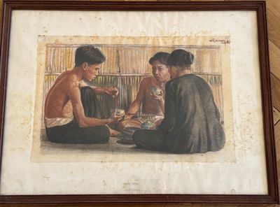 painting of three men sitting on the floor playing cards together