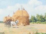 un tableau représentant deux chevaux tirant du foin, avec un homme sur une échelle