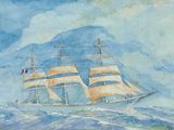 painting of a tall ship in the ocean with other boats in the background