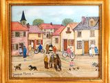 un tableau représentant une scène de village avec des personnages et des animaux