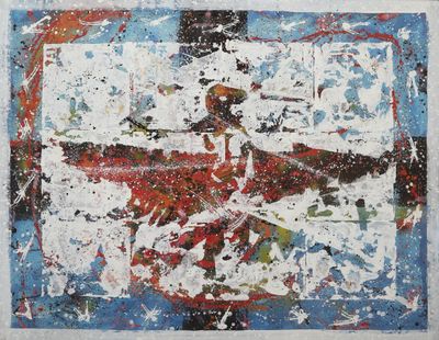peinture abstraite représentant un oiseau sur fond bleu, dans des tons de rouge, blanc et bleu