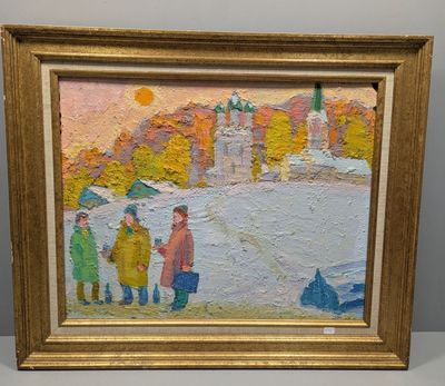 une peinture à l'huile représentant un groupe de personnes devant un bâtiment