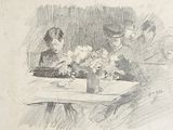 a drawing of people sitting at a table with flowers