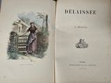 an open book with a picture of a woman standing in front of a gate