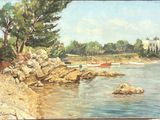 une peinture représentant un bateau sur l'eau, près de rochers et d'arbres