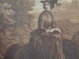 painting of a woman riding a horse in a landscape with trees