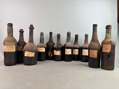 Plusieurs vieilles bouteilles sont alignées sur une table