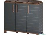 grey and brown storage cabinet with three doors and two drawers