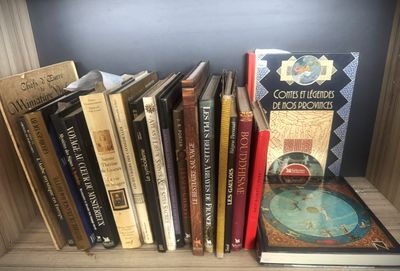 many books that are on a shelf in the room