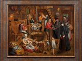 painting of a group of men and women in a workshop with a baby