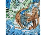 drawing of a drawing of a horse and a dog in a blue and green landscape