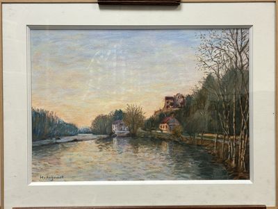 une image d'une peinture d'une rivière avec une maison à l'arrière-plan