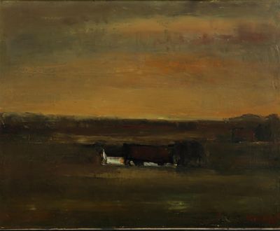 an image of a painting of cows in a field at sunset