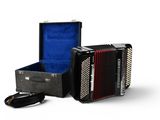 an image of a suitcase with an accordion in it on a white background